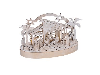 Solight vianočný drevený betlehem podsvietený, 5x LED, prírodné drevo, 25cm, 2x AA