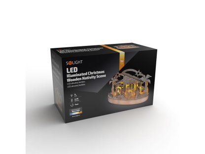 Solight vianočný drevený betlehem podsvietený, 5x LED, prírodné drevo, 25cm, 2x AA