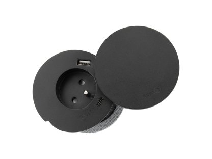Solight vstavaná zásuvka + USB A+C + Wireless 10W, otočné viečko, kábel 2m, čierna