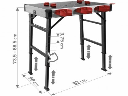 Stôl pracovný skladací, max. 450kg, 845x598x735-885mm, fixačné otvory, FORTUM