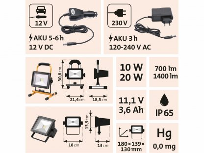 Svietidlo nabíjateľné LED, 20W, 1400lm, 11,1V Li-ion, 4400mAh, IP65, 12+230V, EXTOL LIGHT