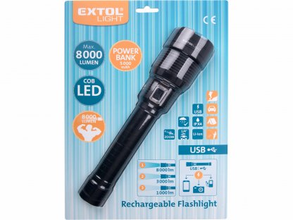 Svietidlo nabíjateľné s powerbankou, 8000lm, COB LED, Zoom, 7,4V/5Ah Lion, USB, EXTOL LIGHT