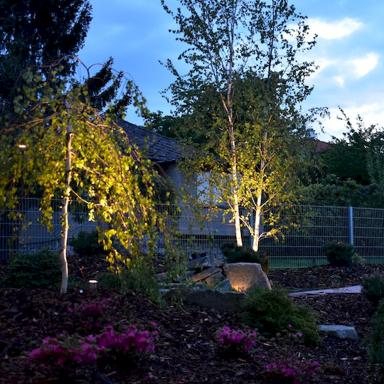 Dekorativní osvětlení stromů v zahradě