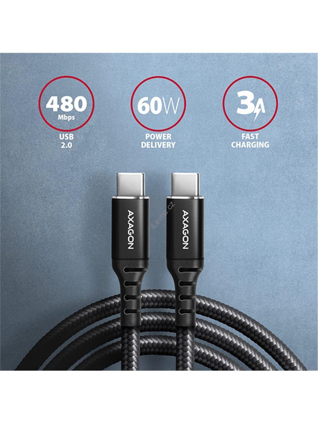 AXAGON BUCM-CM30AB, HQ kabel USB-C <-> USB-C, 3m, USB 2.0, PD 60W 3A, ALU, oplet, černý