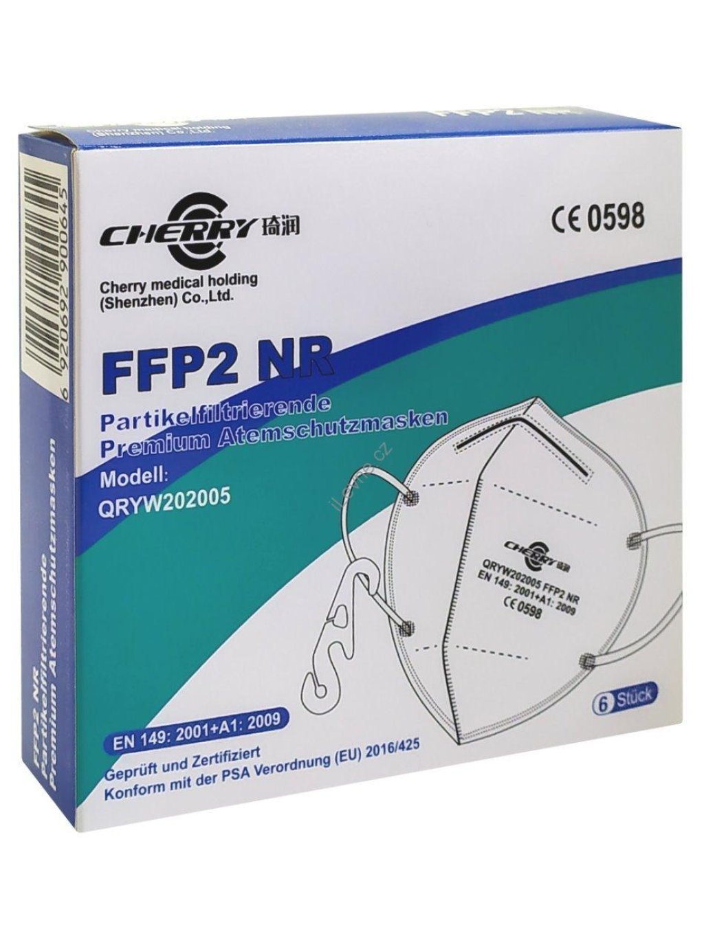 CHERRY 6ks Respirátor QRYW202005 s filtrační třídou ochrany FFP2 NR bílý / stupeň filtrace > 95%