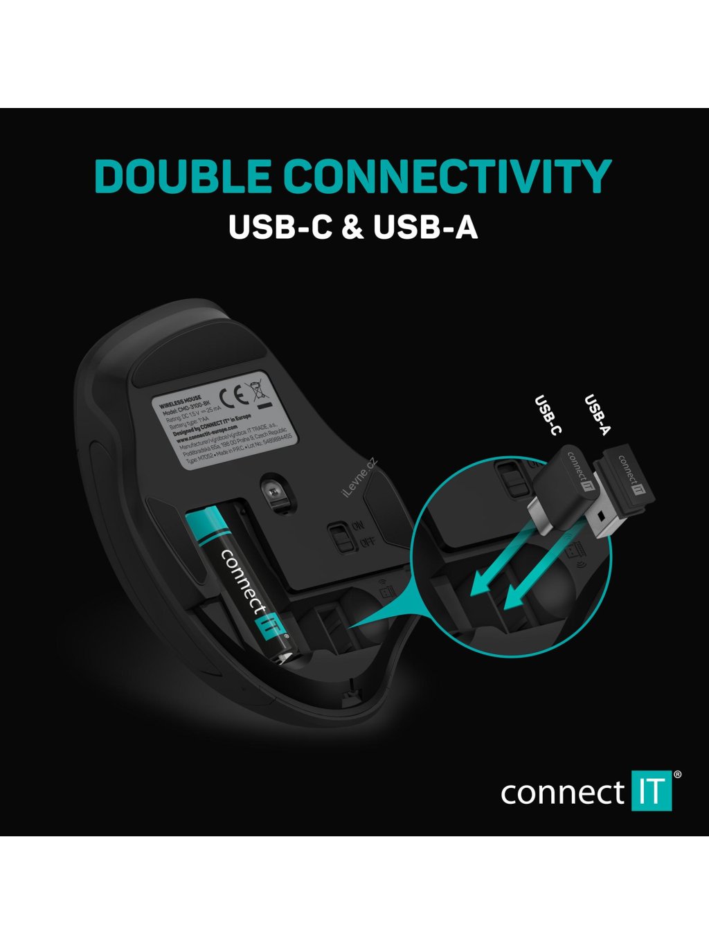 CONNECT IT Dual SmartSwitch bezdrátová myš, USB-A + C (+1x AA baterie zdarma), šedá