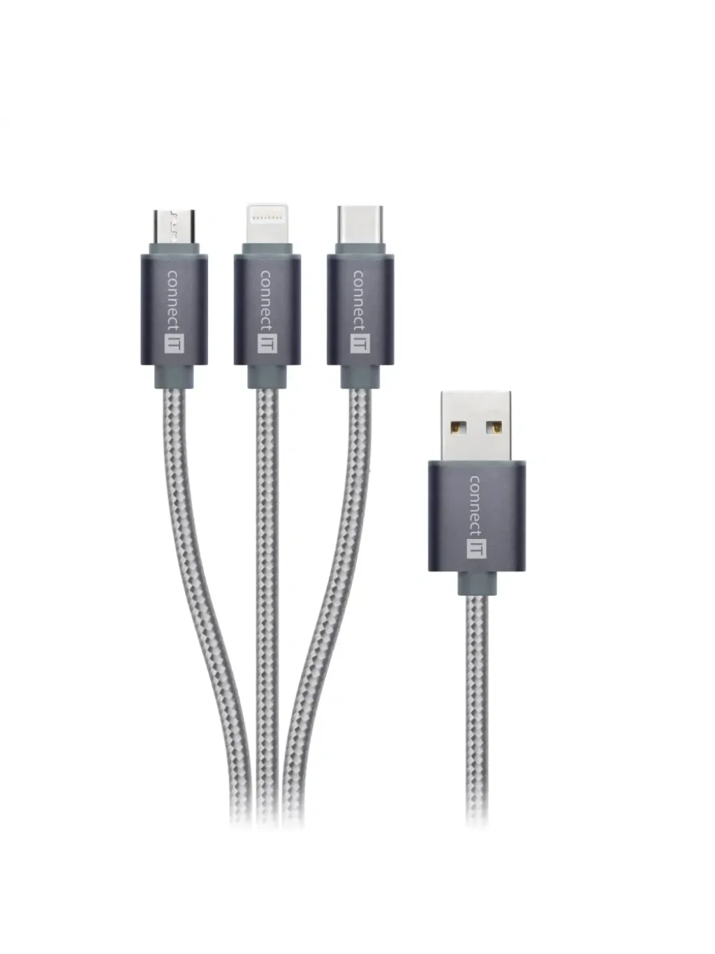 CONNECT IT Wirez 3in1 USB-C & Micro USB & Lightning, silver gray, 1,2 m