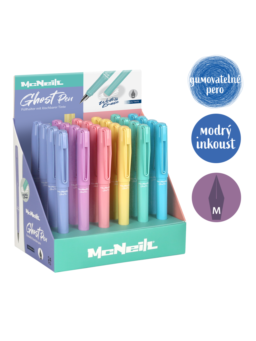 gumovatelné bombičkové pero McNeill - Pastel, 24 ks, modrá náplň, mix pastelových barev