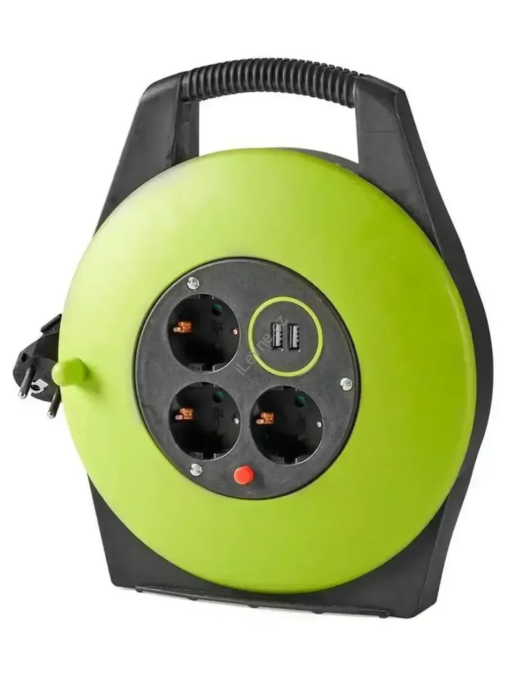 NEDIS kabelový buben/ 3x 1,5 mm2/ 3x zásuvka/ tepelná elektrická pojistka/ Typ F/ USB/ zeleno-černá/ 10 m
