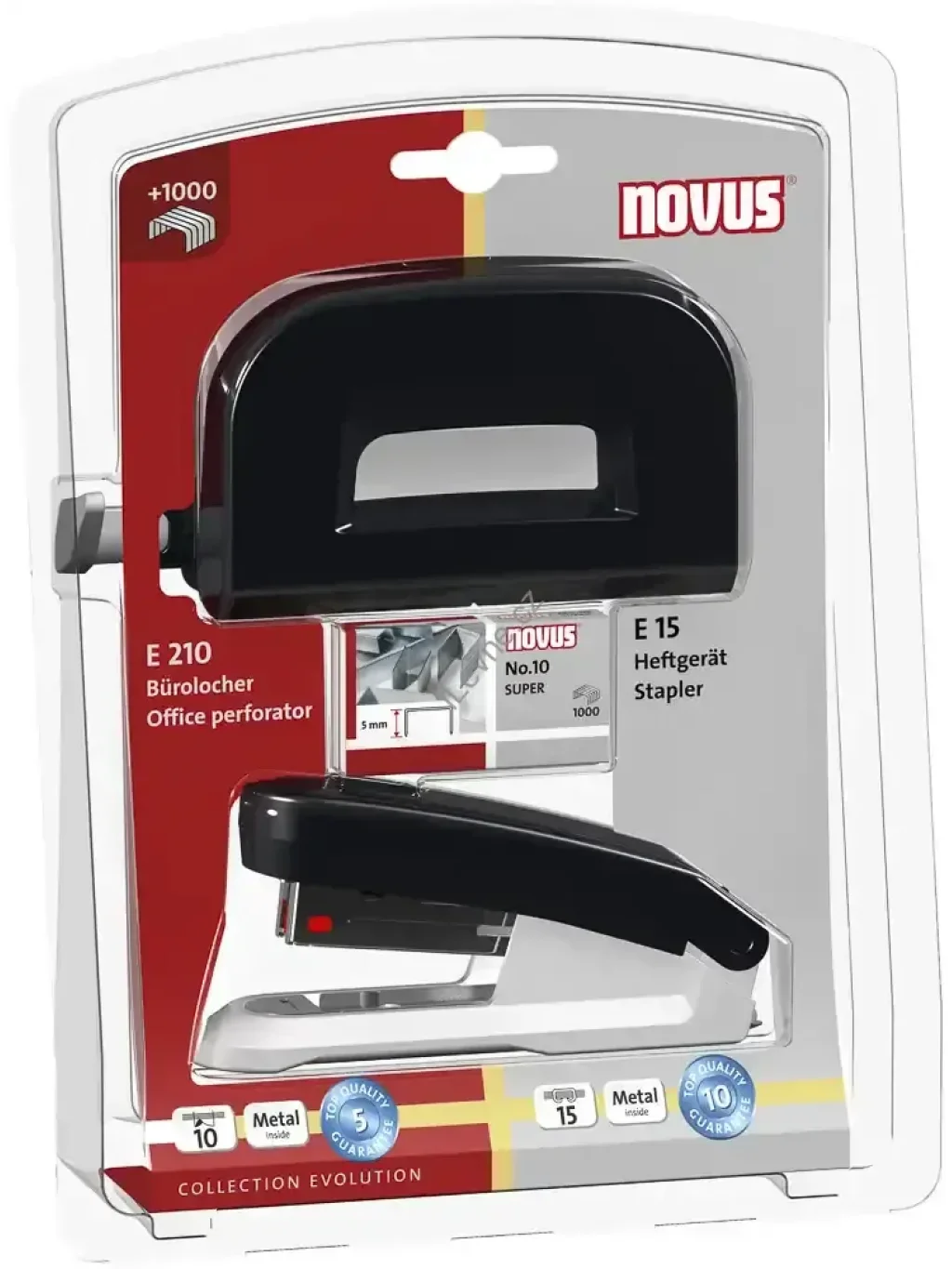 Novus Twinset: sešívačka E 15 a děrovačka E 210, blistr, černý