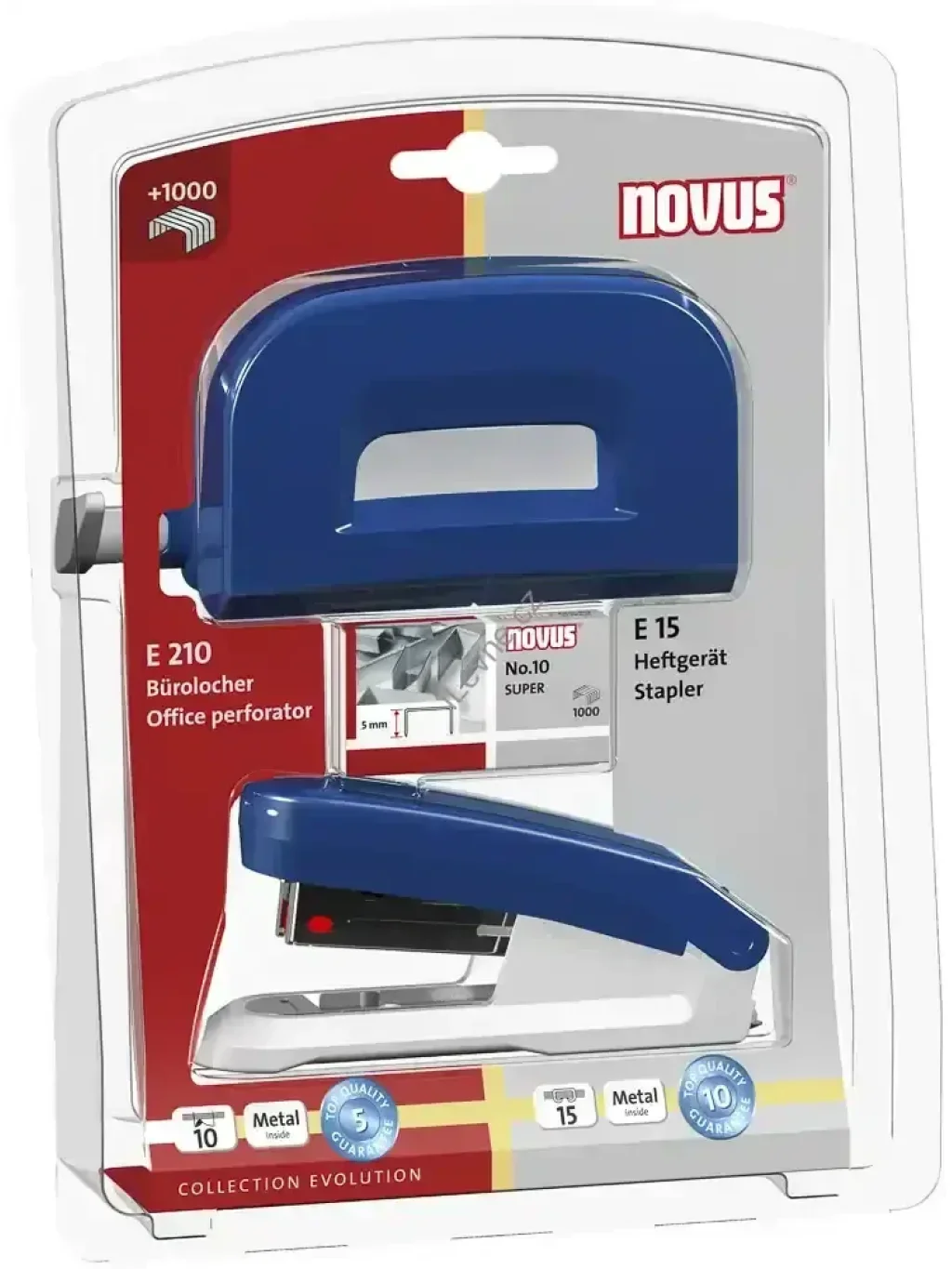 Novus Twinset: sešívačka E 15 a děrovačka E 210, blistr, modrý