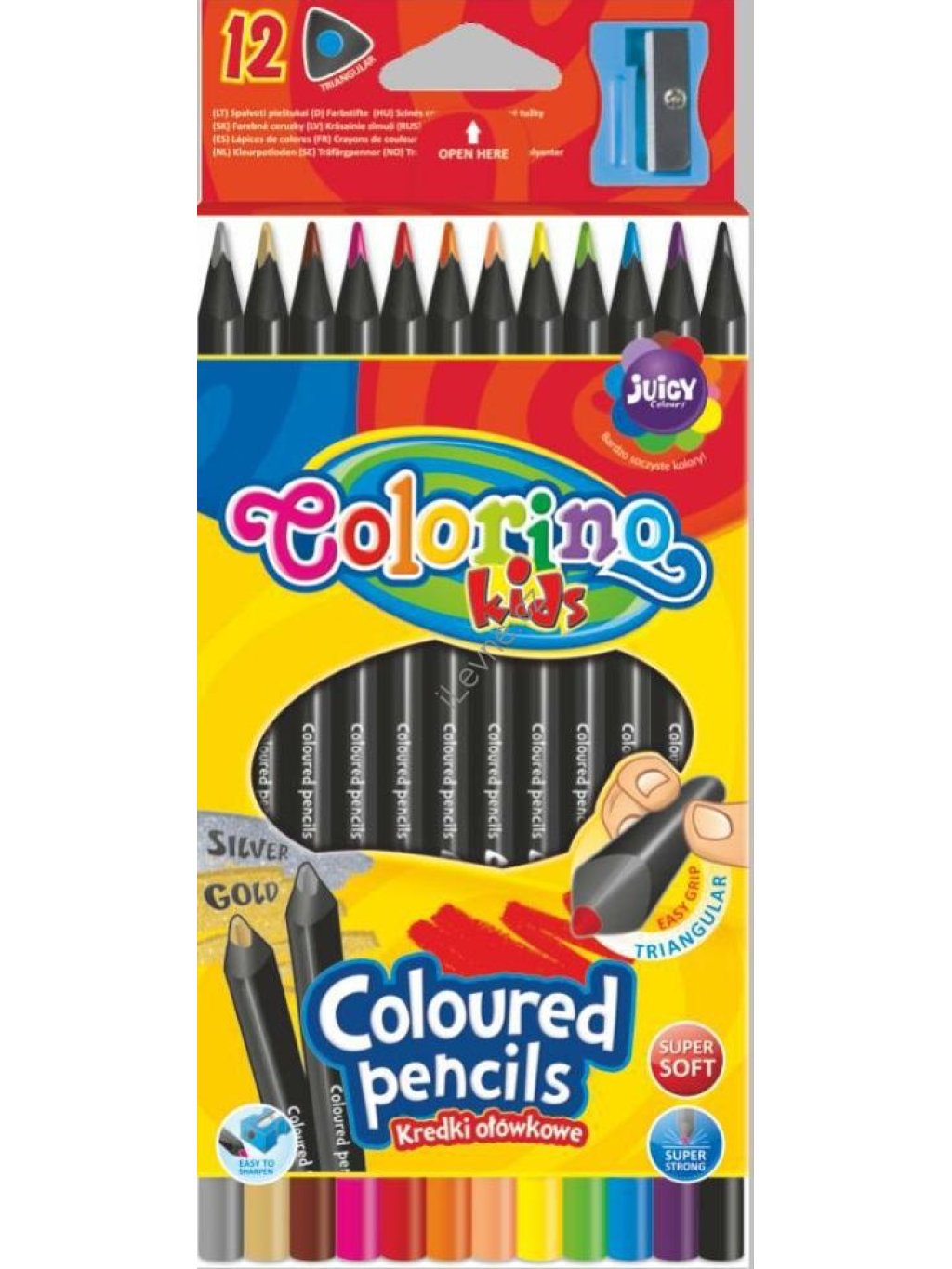pastelky trojhranné, černé dřevo, s ořezávátkem, 12 barev