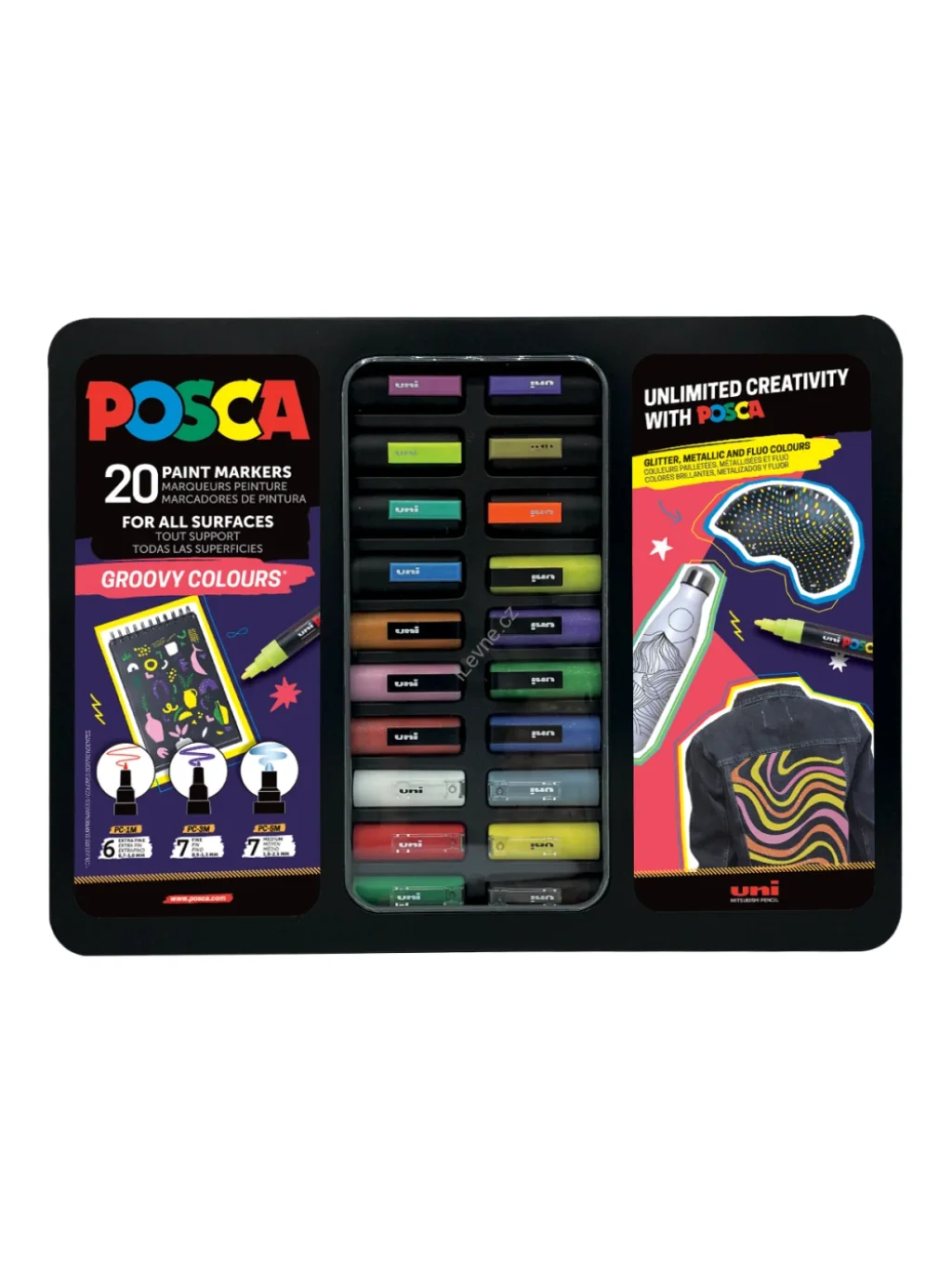 Posca sada popisovačů PC-1M/PC-3M/PC-5M, GROOVY, PC-1M: 6 ks, PC-3M: 7 ks, PC-5M: 7 ks, mix barev (20 ks)