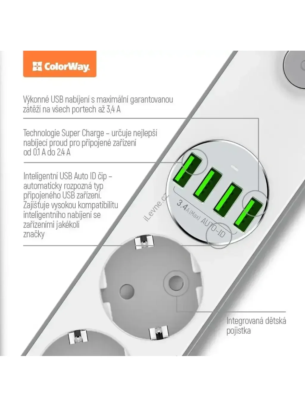 Prodlužovací napájecí přívod/ 4x 220V výstup/ 4x USB 5V / kabel 2m