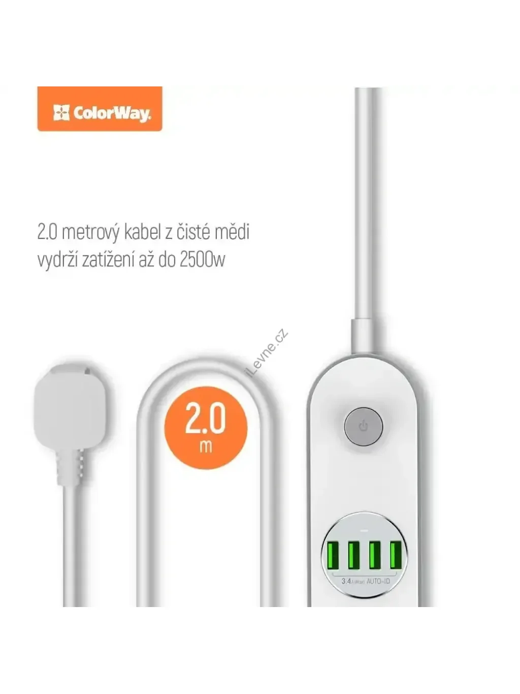 Prodlužovací napájecí přívod/ 4x 220V výstup/ 4x USB 5V / kabel 2m