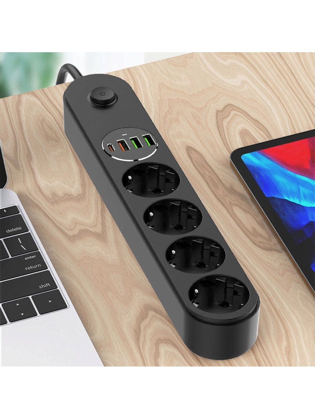 Prodlužovací napájecí přívod 4x Schuko, 3x USB-A , 1x USB-C, 45W, Černý, 2m