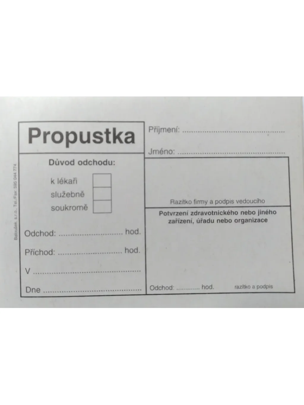Propustka formát A7, 50 listů