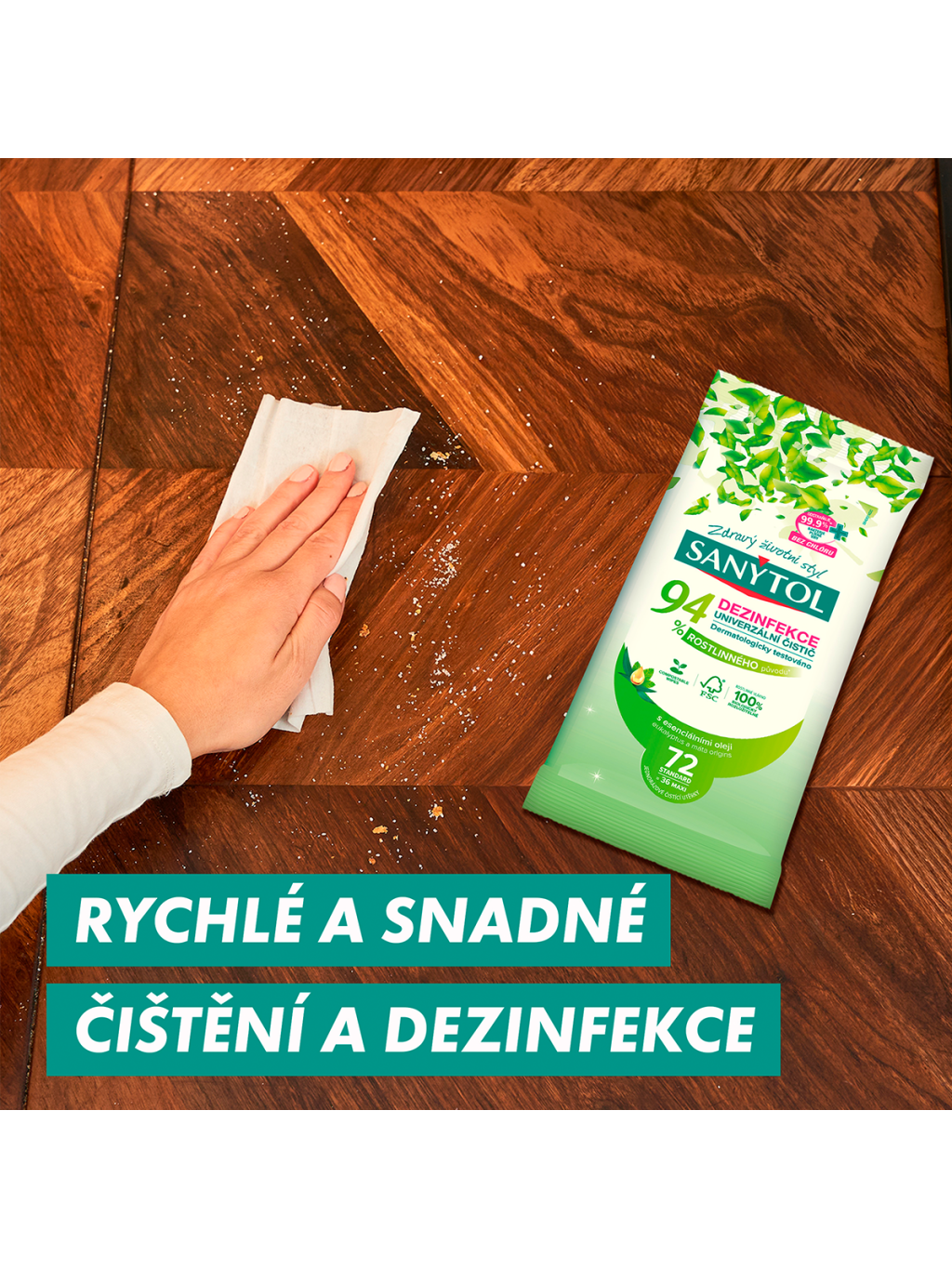 Sanytol - univerzální čisticí utěrky 94 % rostlinného původu, 72 ks
