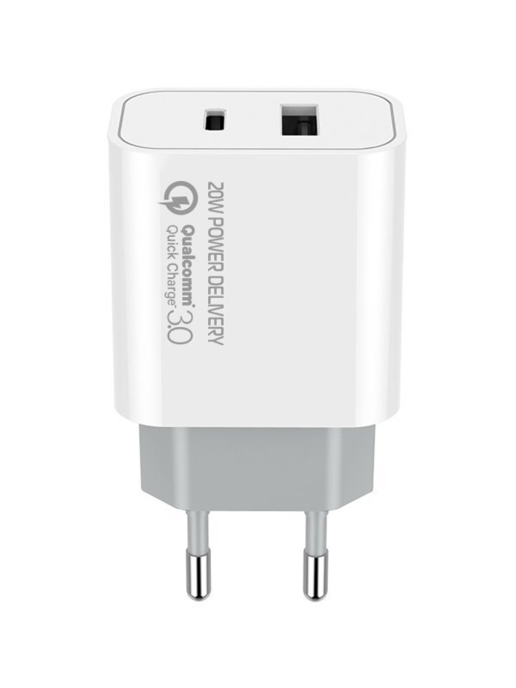 síťová nabíječka, 1x USB a 1x USB-C, 20W, 100V-240V, Bílá