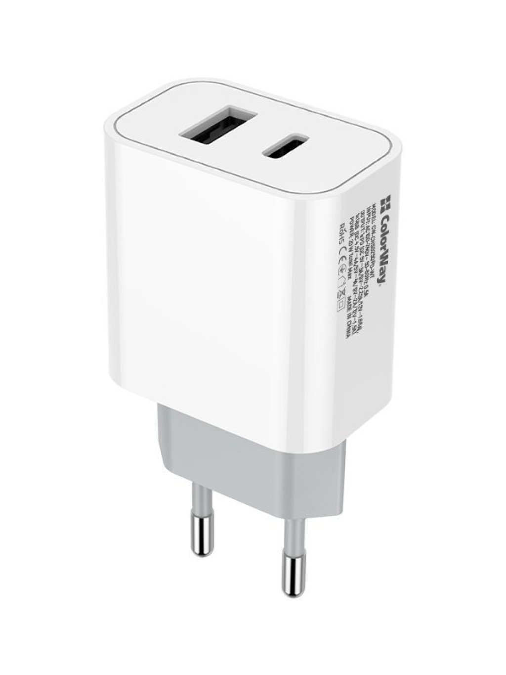 síťová nabíječka, 1x USB a 1x USB-C, 20W, 100V-240V, Bílá