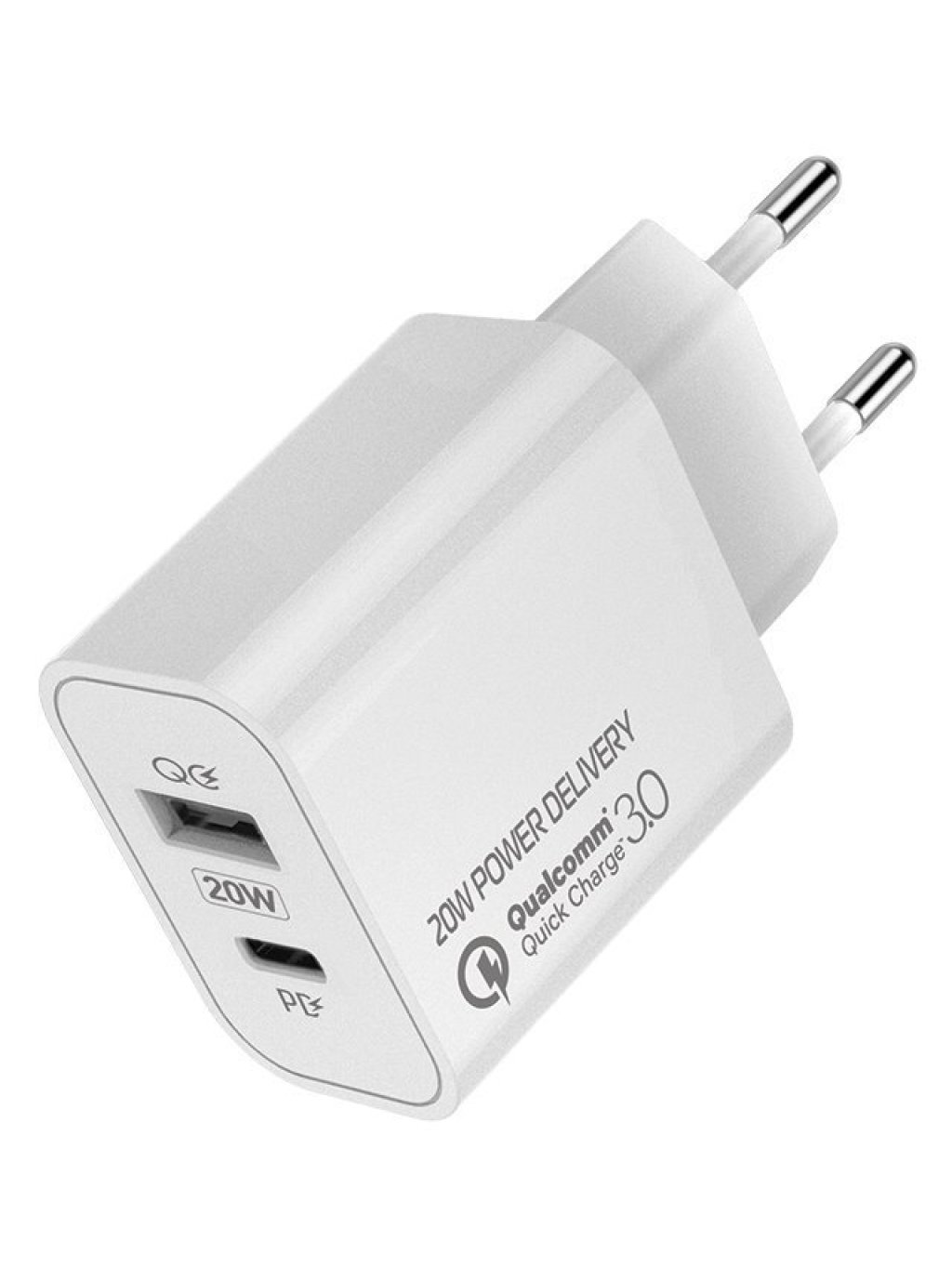 síťová nabíječka, 1x USB a 1x USB-C, 20W, 100V-240V, Bílá