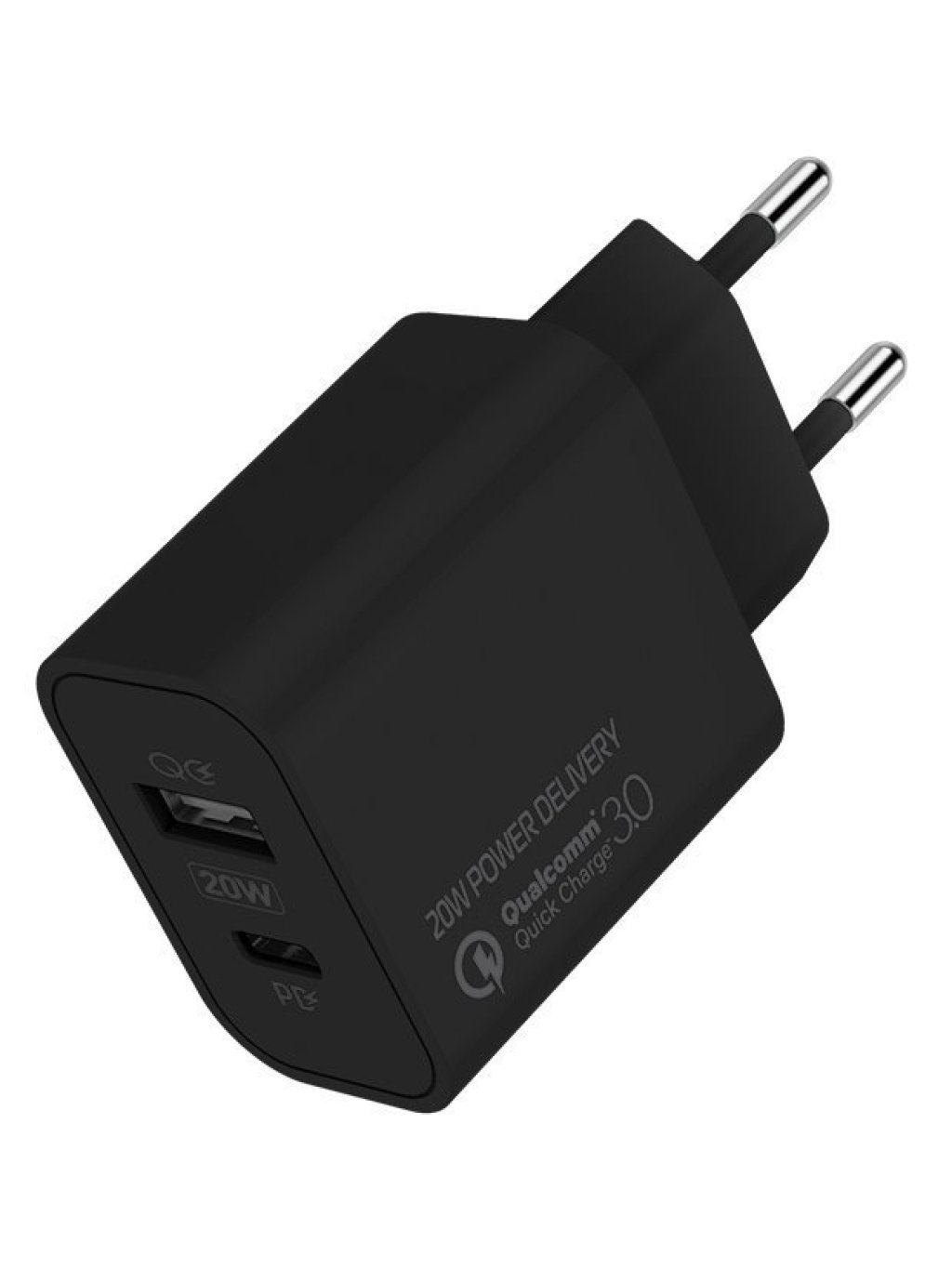 síťová nabíječka, 1x USB a 1x USB-C, 20W, 100V-240V, Černá