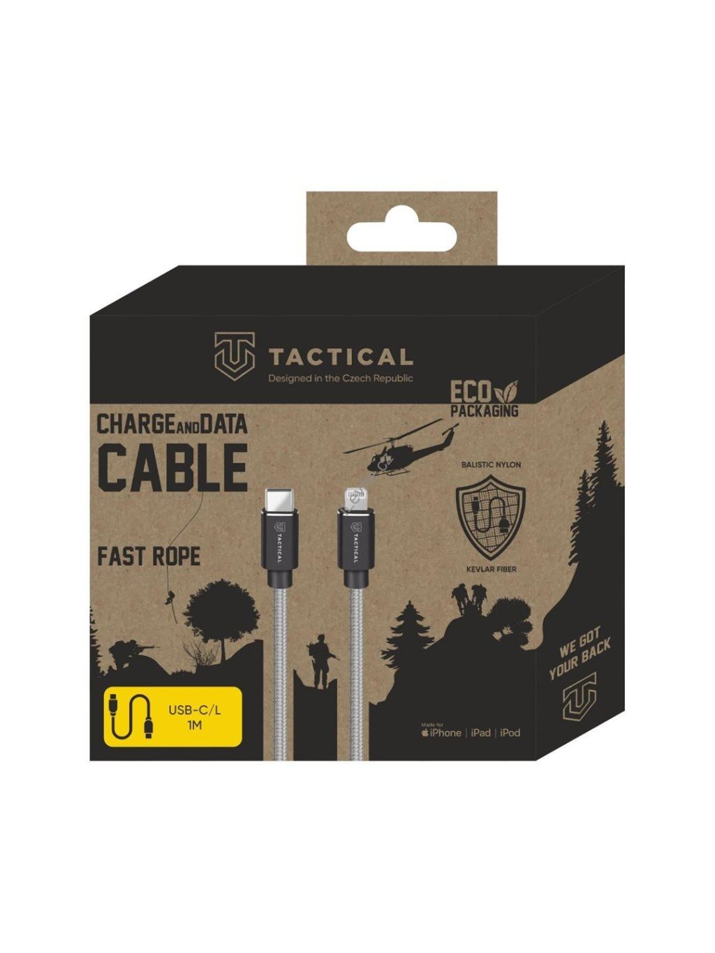 Tactical Fast Rope Aramid Cable USB-C/Lightning MFi 1m Grey