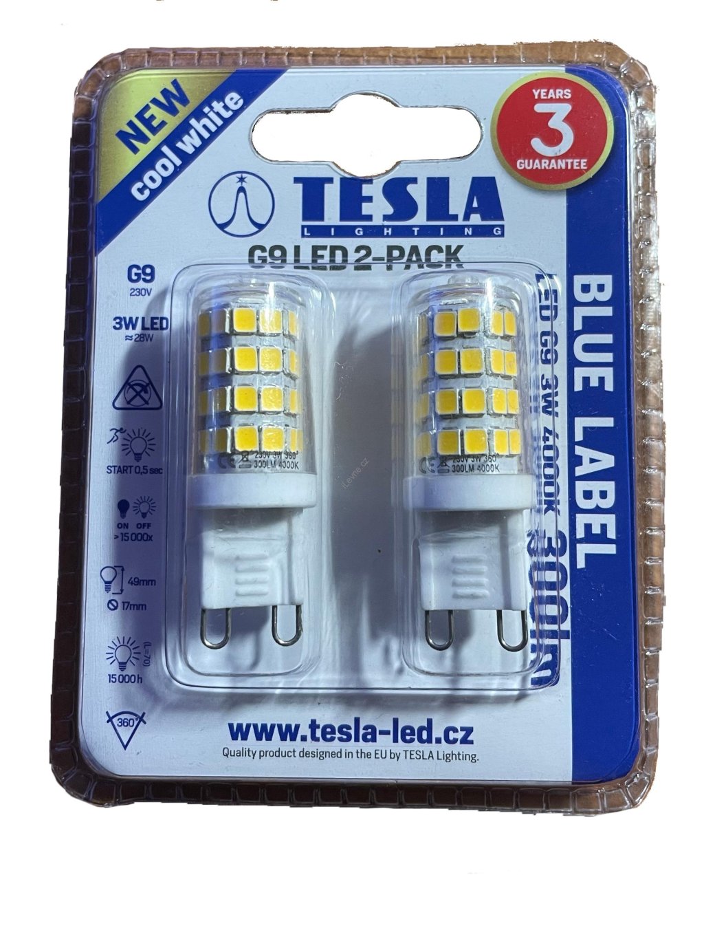 TESLA LED žárovka, patice G9, 220V, 300lm, 3W třída A+, studená bílá, 4000K (2 kusy)