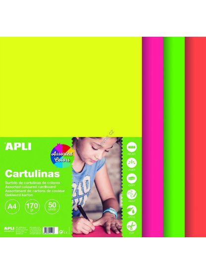 APLI barevný papír, A4, 170 g, mix fluo barev
