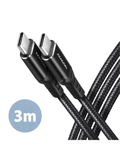 AXAGON BUCM-CM30AB, HQ kabel USB-C <-> USB-C, 3m, USB 2.0, PD 60W 3A, ALU, oplet, černý