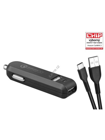 CarMAX 2 nabíječka do auta 2x Qualcomm Quick Charge 2.0, černá barva (USB-C kabel)