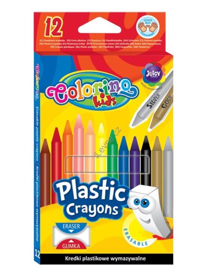Colorino voskovky plastové kulaté, s pryží, 12 barev vč. stříbrné a zlaté