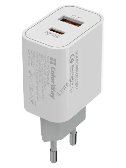 COLORWAY 1x USB a 1x USB-C/ turbo síťová nabíječka/ 30W/ 100V-240V/ Bílá