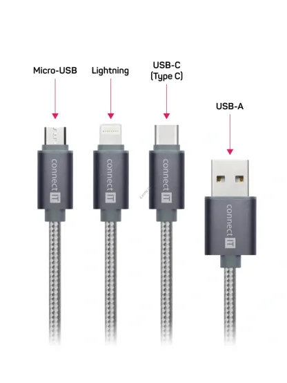 CONNECT IT Wirez 3in1 USB-C & Micro USB & Lightning, silver gray, 1,2 m
