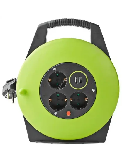 NEDIS kabelový buben/ 3x 1,5 mm2/ 3x zásuvka/ tepelná elektrická pojistka/ Typ F/ USB/ zeleno-černá/ 10 m