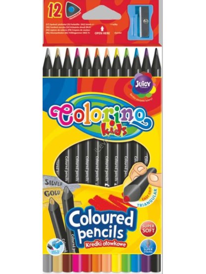 pastelky trojhranné, černé dřevo, s ořezávátkem, 12 barev