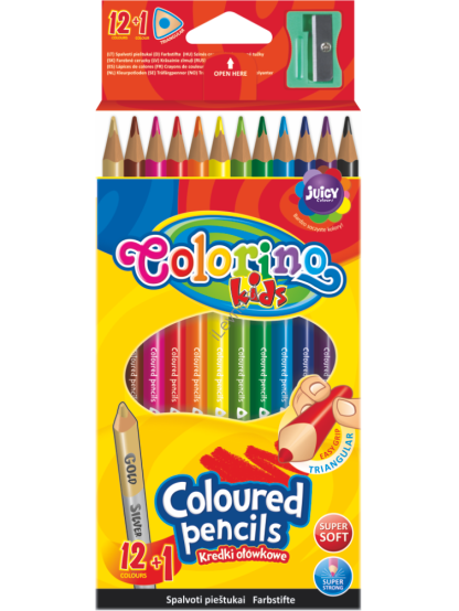 pastelky trojhranné, s ořezávátkem, 12 barev + oboustr. stříbrná/zlatá