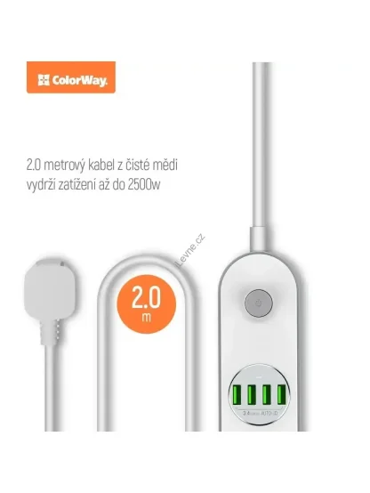 Prodlužovací napájecí přívod/ 4x 220V výstup/ 4x USB 5V / kabel 2m