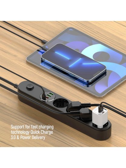 Prodlužovací napájecí přívod 4x Schuko, 3x USB-A , 1x USB-C, 45W, Černý, 2m