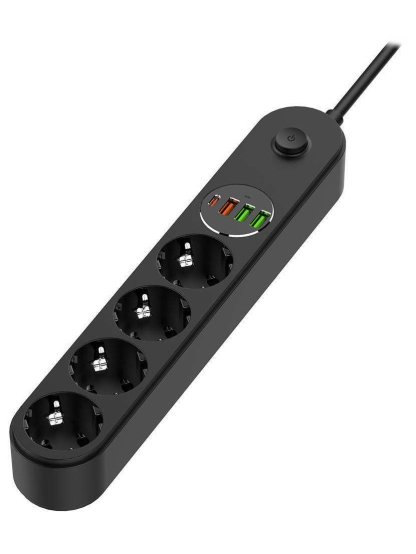 Prodlužovací napájecí přívod 4x Schuko, 3x USB-A , 1x USB-C, 45W, Černý, 2m