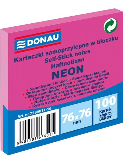 samolepicí bloček 76 x 76 mm 100 l., neon. růžový