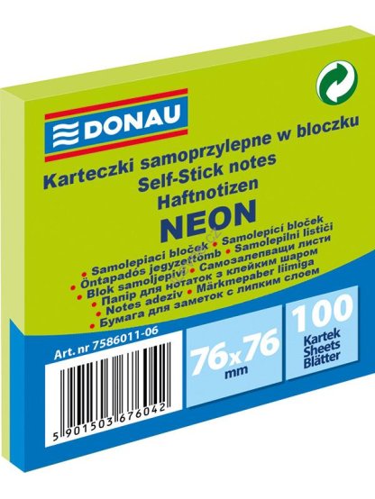 samolepicí bloček 76 x 76 mm 100 l., neon. zelený