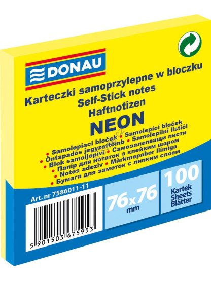 samolepicí bloček 76 x 76 mm 100 l., neon. žlutý