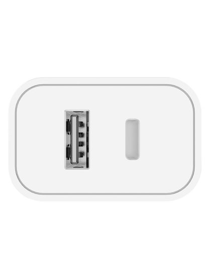 síťová nabíječka, 1x USB a 1x USB-C, 20W, 100V-240V, Bílá
