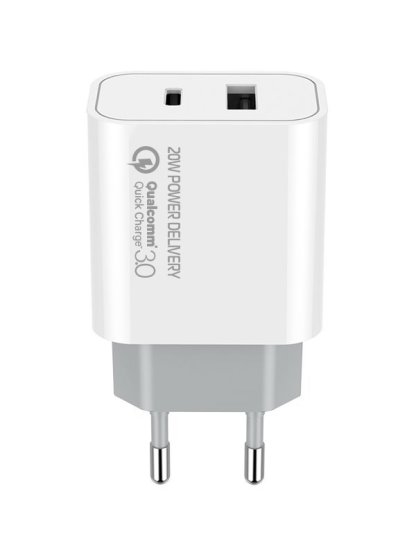 síťová nabíječka, 1x USB a 1x USB-C, 20W, 100V-240V, Bílá