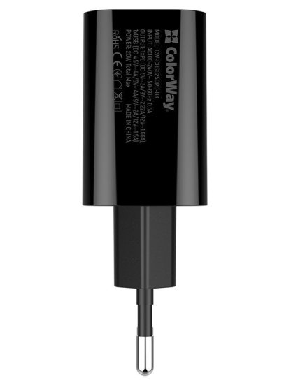 síťová nabíječka, 1x USB a 1x USB-C, 20W, 100V-240V, Černá