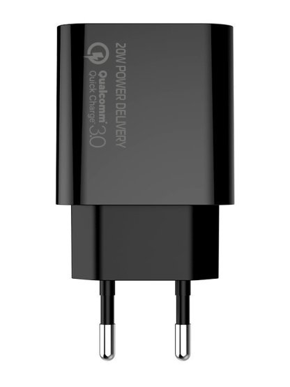síťová nabíječka, 1x USB a 1x USB-C, 20W, 100V-240V, Černá