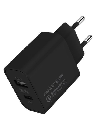 síťová nabíječka, 1x USB a 1x USB-C, 20W, 100V-240V, Černá