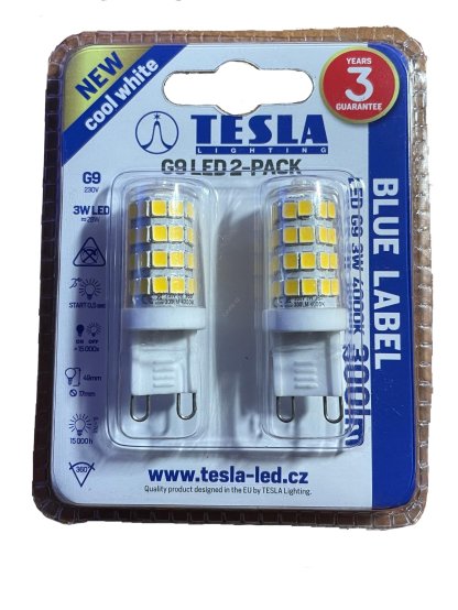 TESLA LED žárovka, patice G9, 220V, 300lm, 3W třída A+, studená bílá, 4000K (2 kusy)