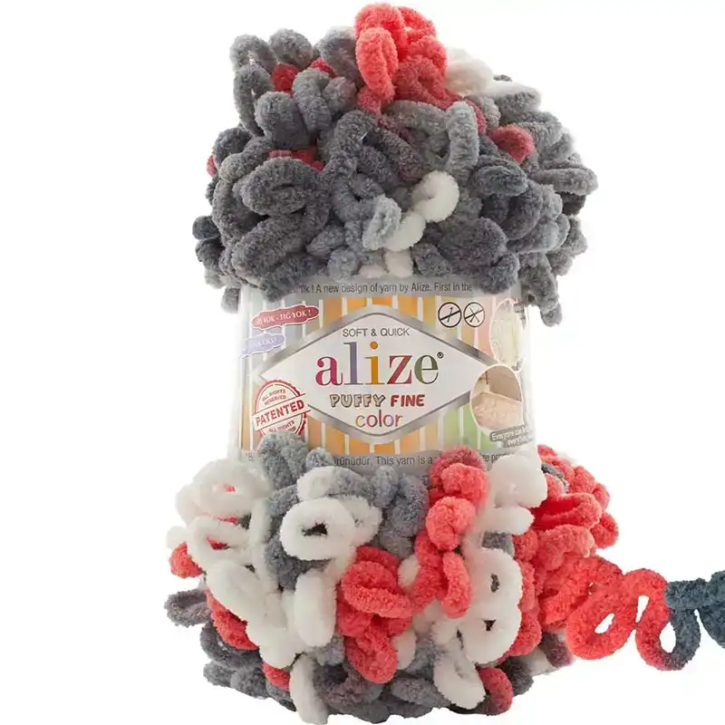 Alize Příze Puffy FINE color 6518 šedo-bílo-jahodová